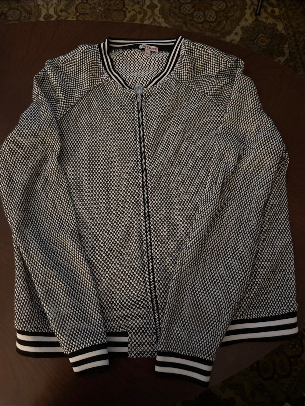 Juicy Couture Black and White Striped Mesh Waistband Top